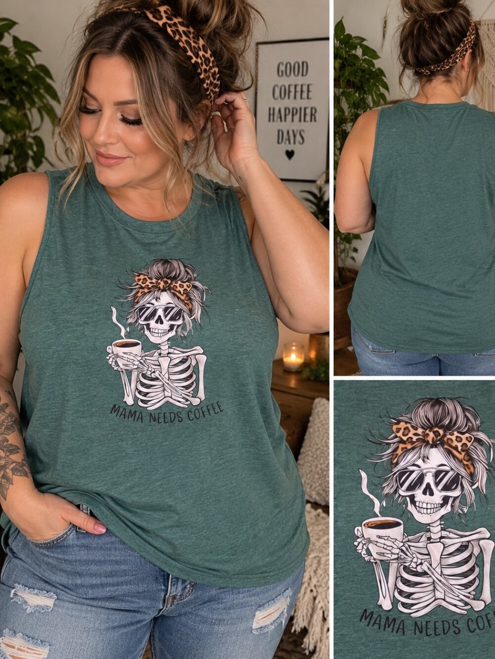Mama Needs Coffee Skeleton Sleeveless Tank Top - Green Stretch New 14/16 -1X